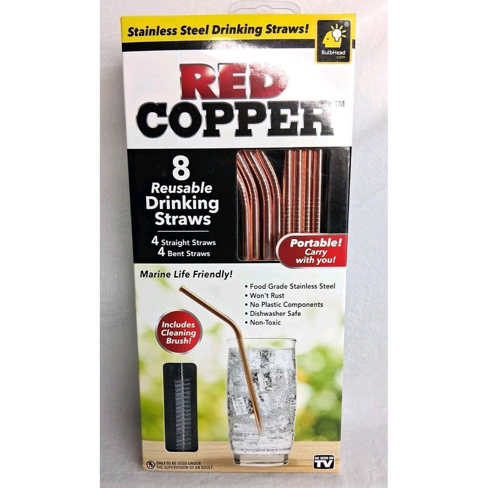 Red Copper Straws Reusable Stainless Steel Straws Straight & Curved Set of 8 NEW